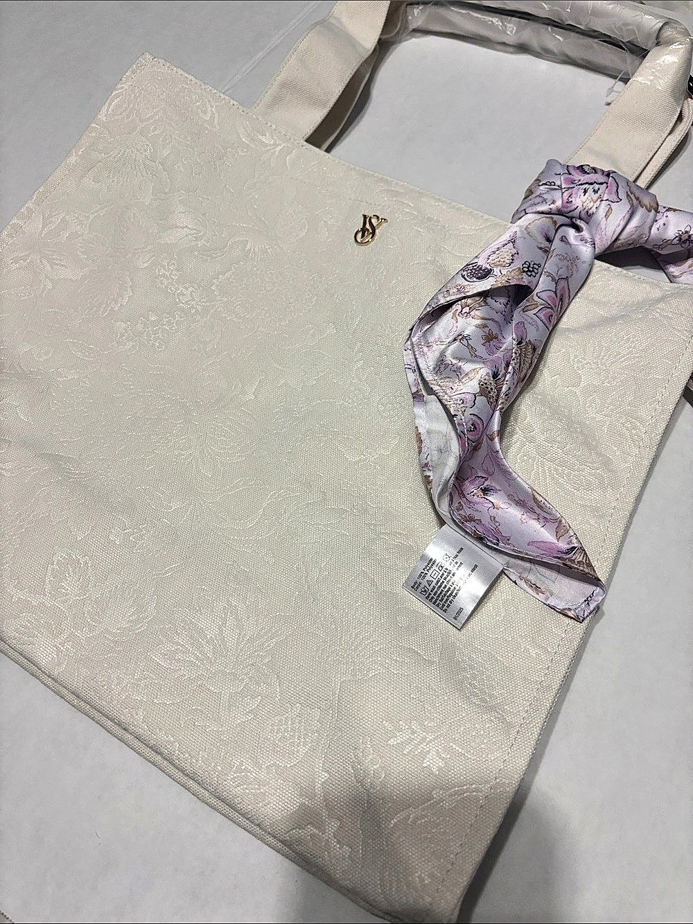 Victoria's Secret Cream Floral Jacquard Canvas Tote Bag with Removable Scarf
